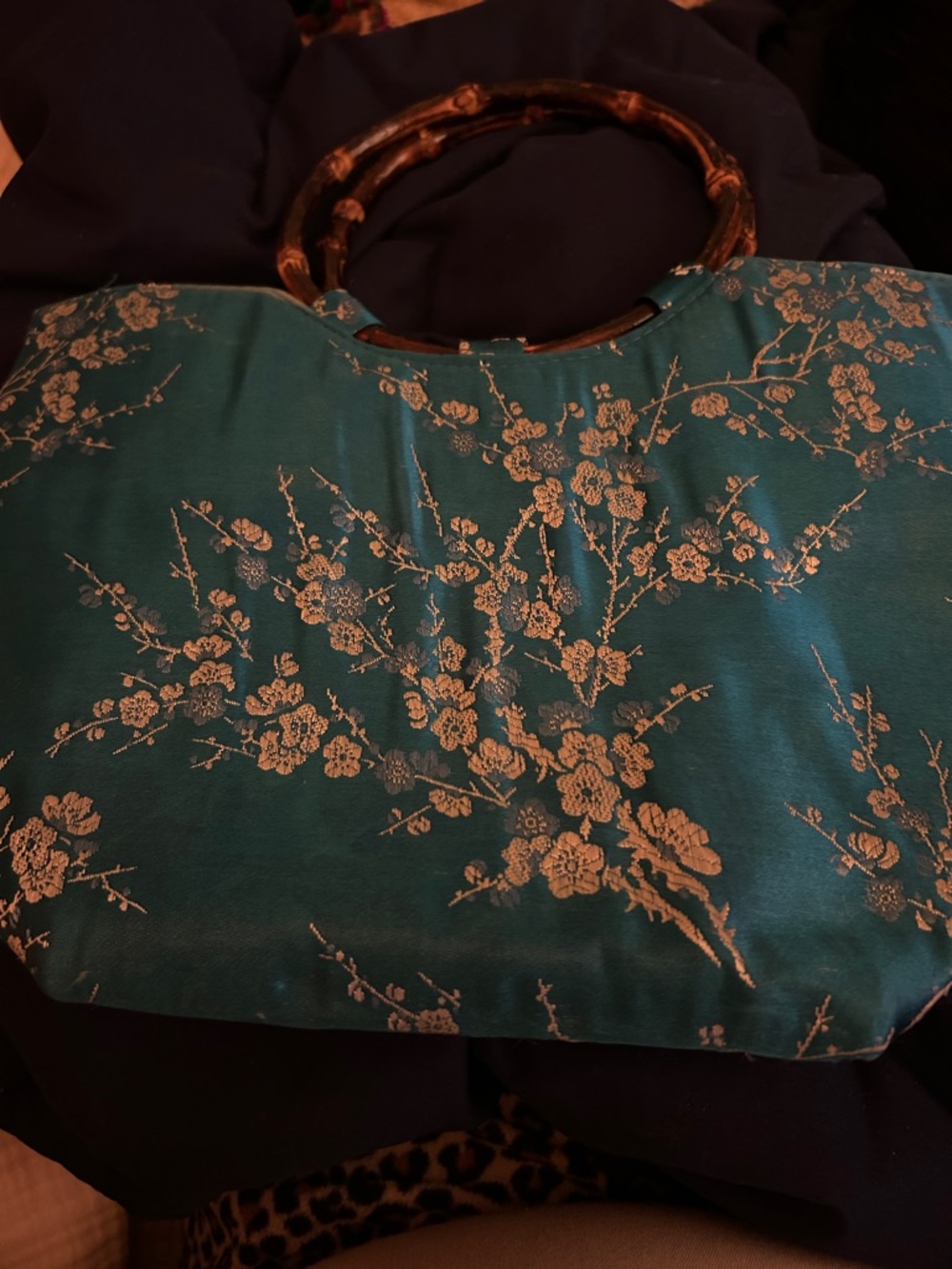 Teal Floral Embroidered Bamboo-Handle Tote Bag